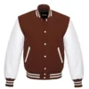 dark brown and white leather sleeve letterman varsity jacket