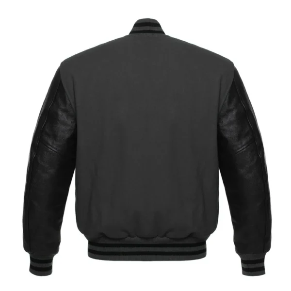 dark gray and black leather sleeve letterman varsity jacket back