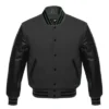 dark gray and black leather sleeve letterman varsity jacket