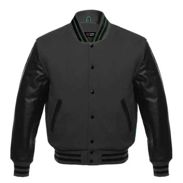dark gray and black leather sleeve letterman varsity jacket