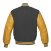 dark gray and gold leather sleeve letterman varsity jacket back