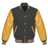 dark gray and gold leather sleeve letterman varsity jacket