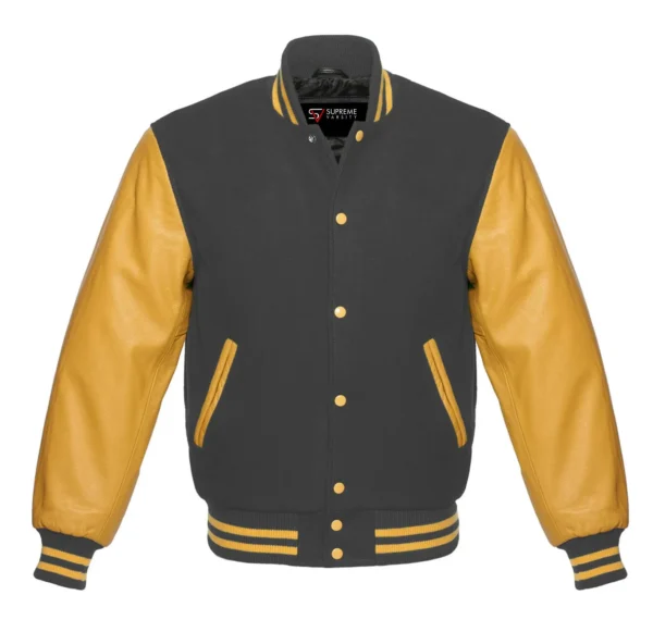 dark gray and gold leather sleeve letterman varsity jacket