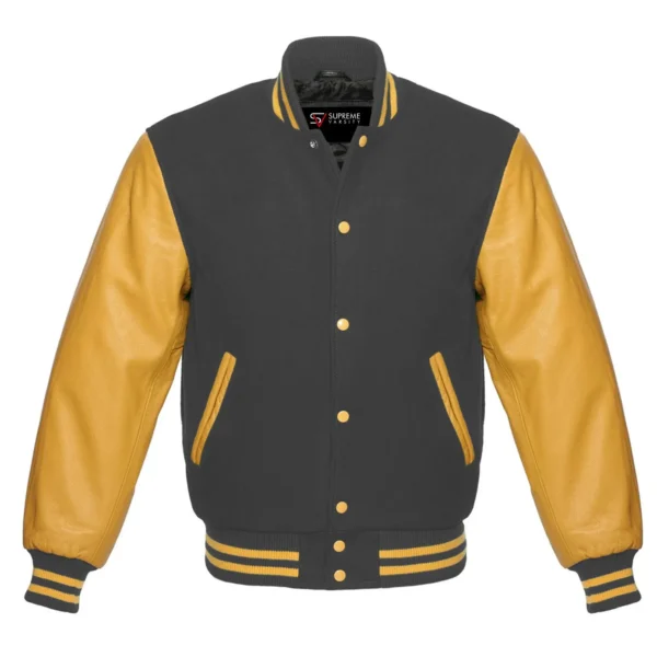 dark gray and gold leather sleeve letterman varsity jacket