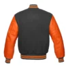 dark gray and orange leather sleeve letterman varsity jacket back