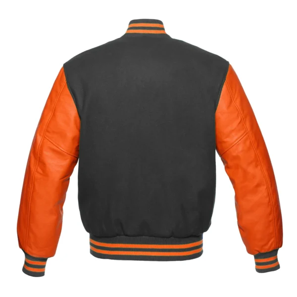 dark gray and orange leather sleeve letterman varsity jacket back