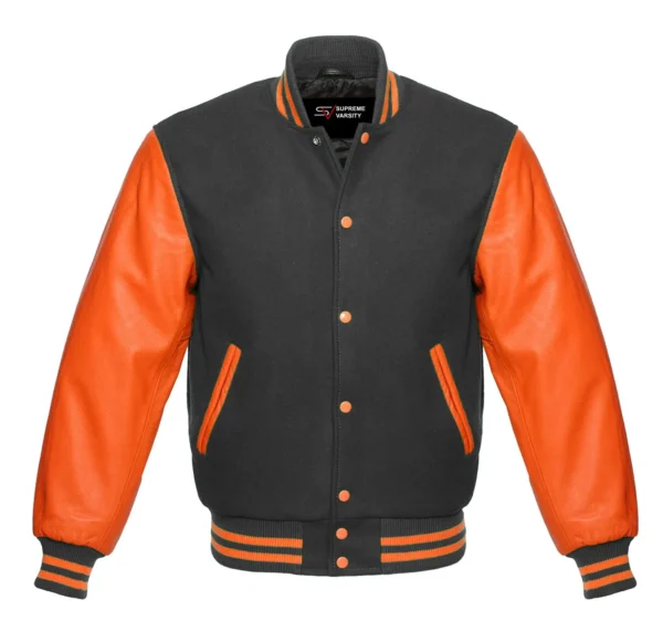 dark gray and orange leather sleeve letterman varsity jacket