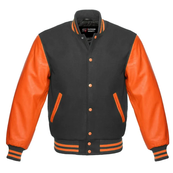 dark gray and orange leather sleeve letterman varsity jacket