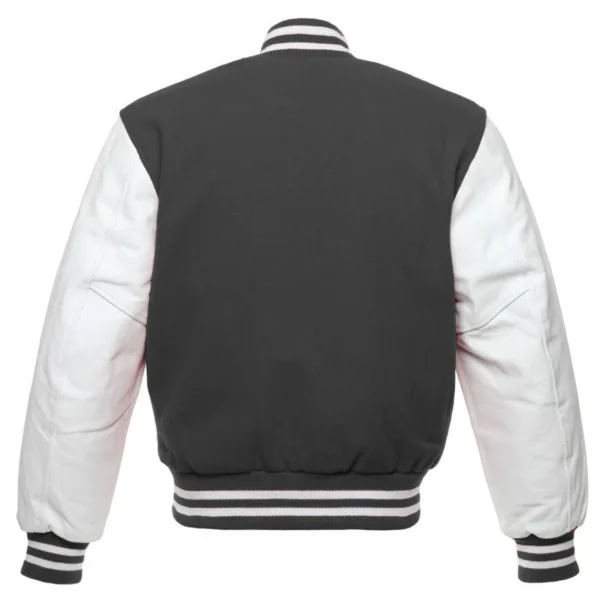 dark gray and white leather sleeve letterman varsity jacket back