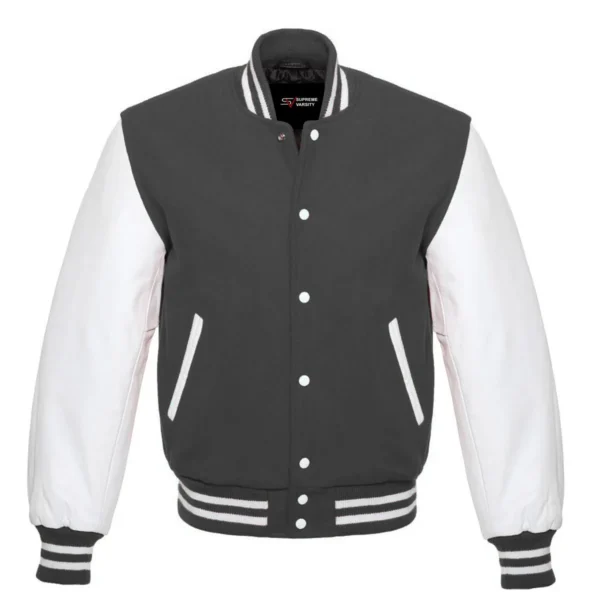 dark gray and white leather sleeve letterman varsity jacket