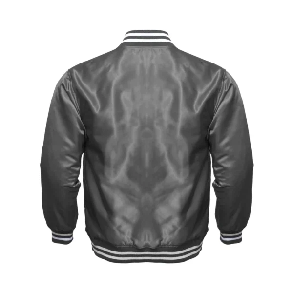 dark grey satin bomber varsity jacket back