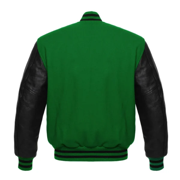 forest green and black leather sleeve letterman varsity jacket back