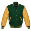 forest green and gold leather sleeve letterman varsity jacket