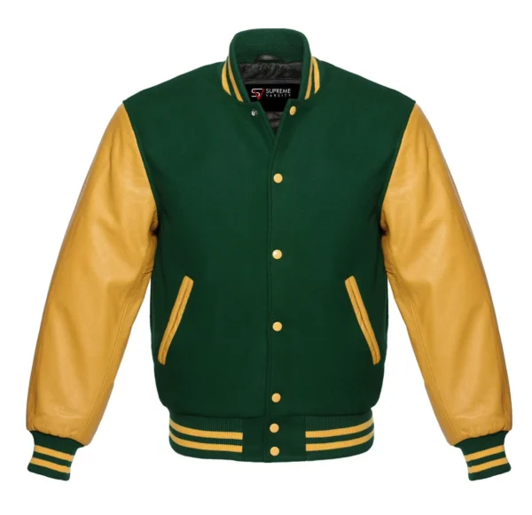 forest green and gold leather sleeve letterman varsity jacket