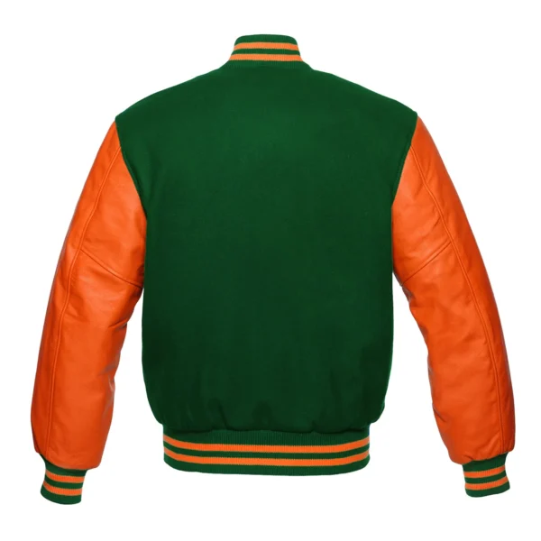 forest green and orange leather sleeve letterman varsity jacket back