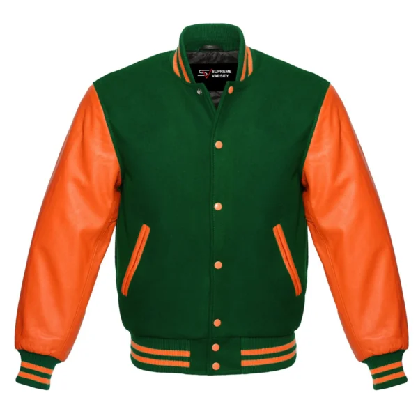 forest green and orange leather sleeve letterman varsity jacket