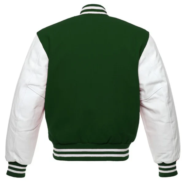 forest green and white leather sleeve letterman varsity jacket back