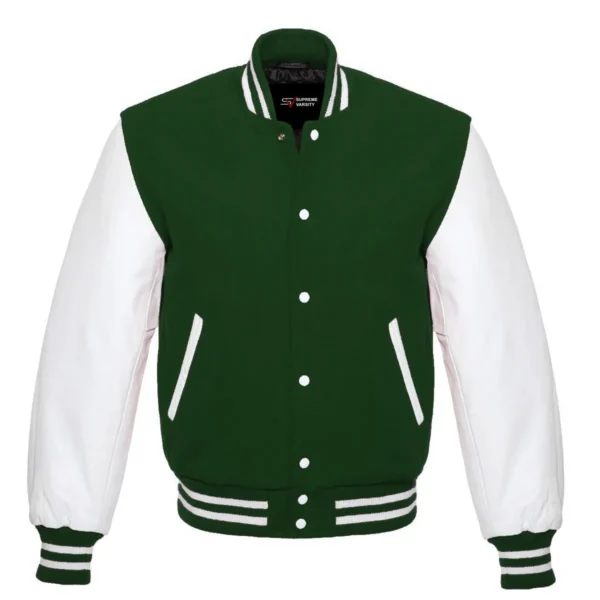 forest green and white leather sleeve letterman varsity jacket