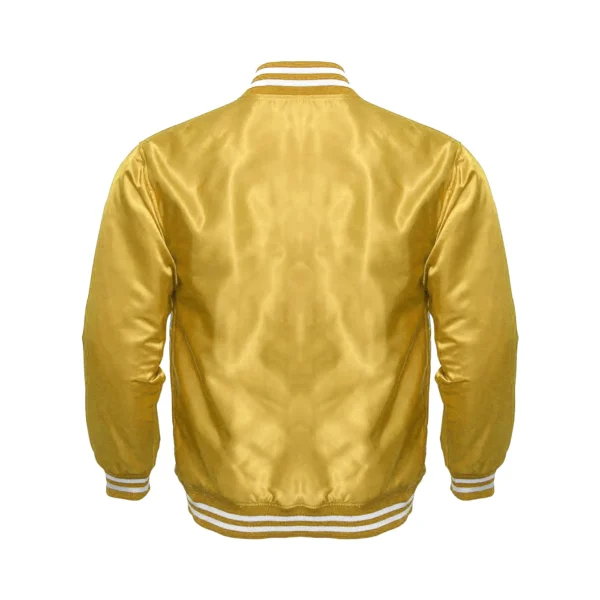 golden satin white rib bomber varsity jacket back