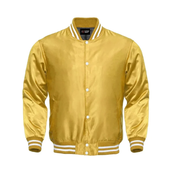 golden satin white rib bomber varsity jacket