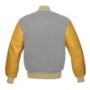 gray and gold leather sleeve letterman varsity jacket back