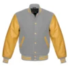 gray and gold leather sleeve letterman varsity jacket