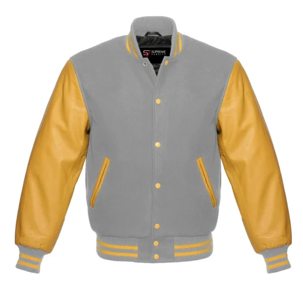 gray and gold leather sleeve letterman varsity jacket