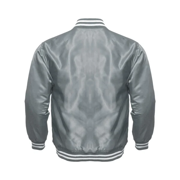 gray satin white rib Bomber varsity jacket Back