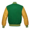 green and gold leather sleeve letterman varsity jacket back