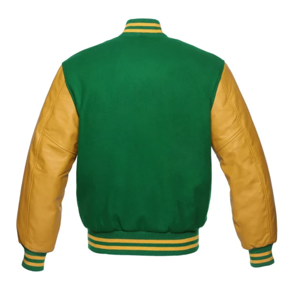 green and gold leather sleeve letterman varsity jacket back