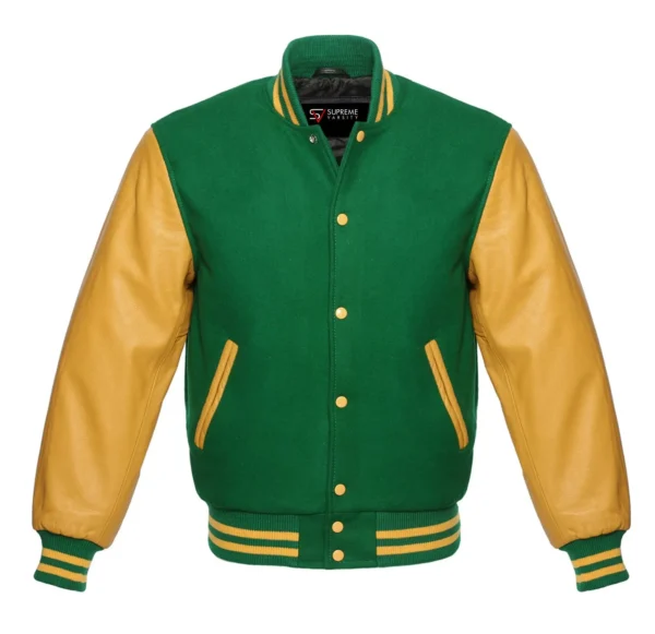 green and gold leather sleeve letterman varsity jacket