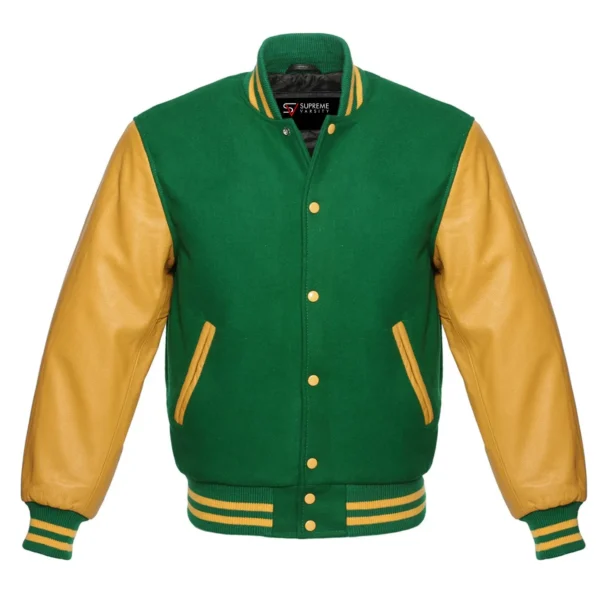 green and gold leather sleeve letterman varsity jacket
