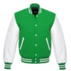 green and white leather sleeve letterman varsity jacket