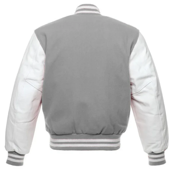 grey and white leather sleeve letterman varsity jacket back