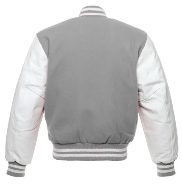 grey and white leather sleeve letterman varsity jacket back