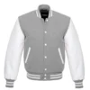 grey and white leather sleeve letterman varsity jacket