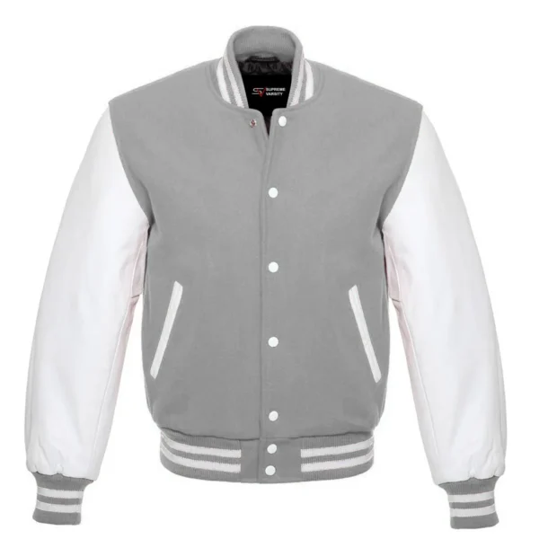 grey and white leather sleeve letterman varsity jacket