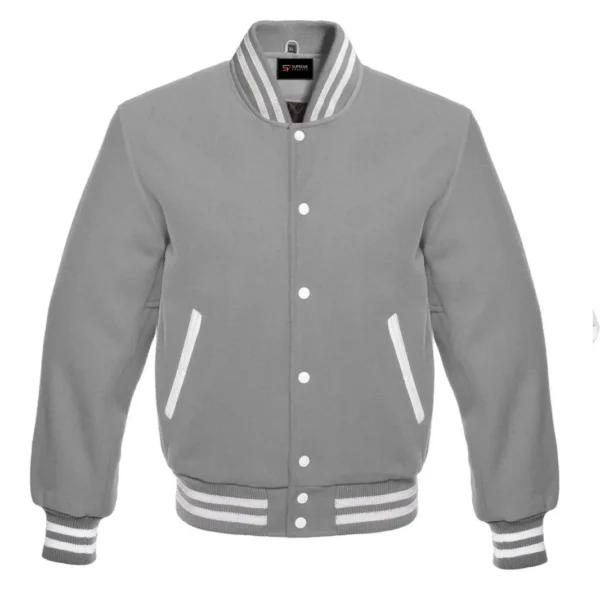 grey wool letterman varsity jacket white rib