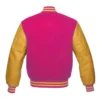 hot pink and gold leather sleeve letterman varsity jacket back