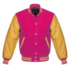 hot pink and gold leather sleeve letterman varsity jacket