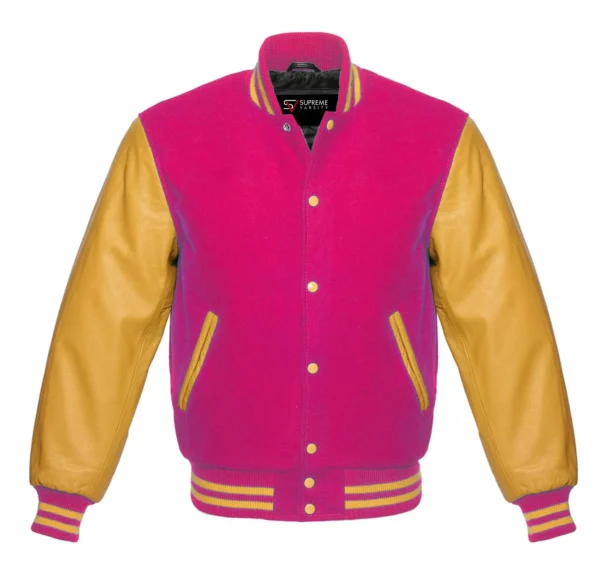 hot pink and gold leather sleeve letterman varsity jacket