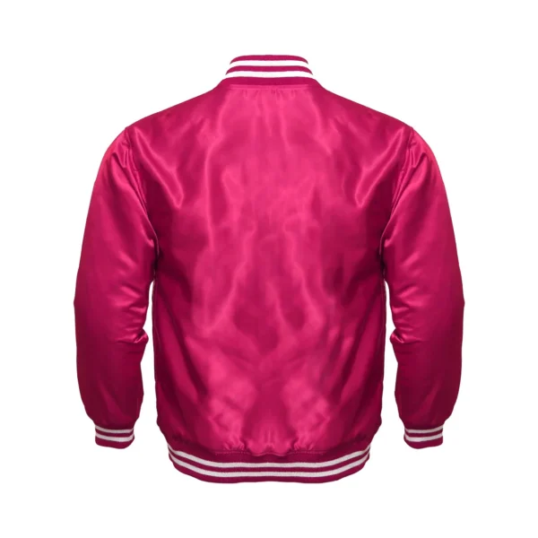 hot pink satin white rib Bomber varsity jacket Back