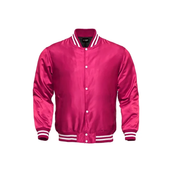 hot pink satin white rib Bomber varsity jacket