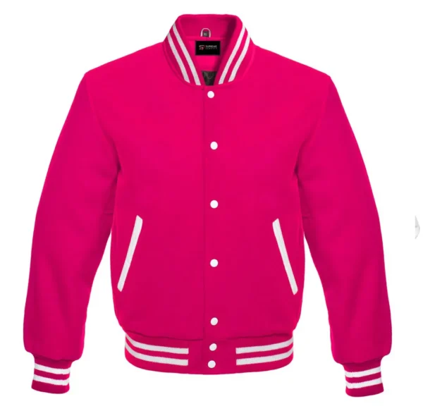 hot pink wool letterman varsity jacket white rib