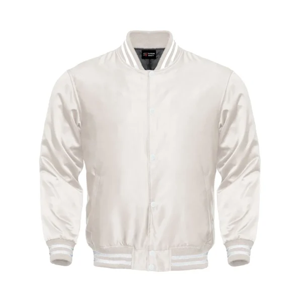 ivory satin white rib Bomber varsity jacket