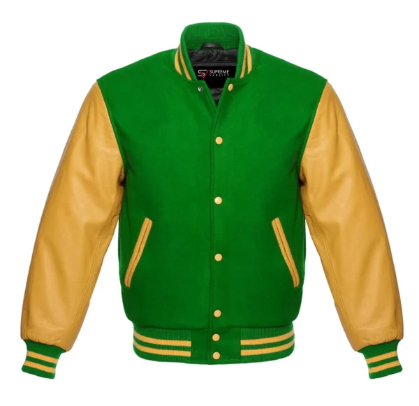 kelly green and gold leather sleeve letterman varsity jacket