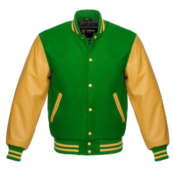 kelly green and gold leather sleeve letterman varsity jacket