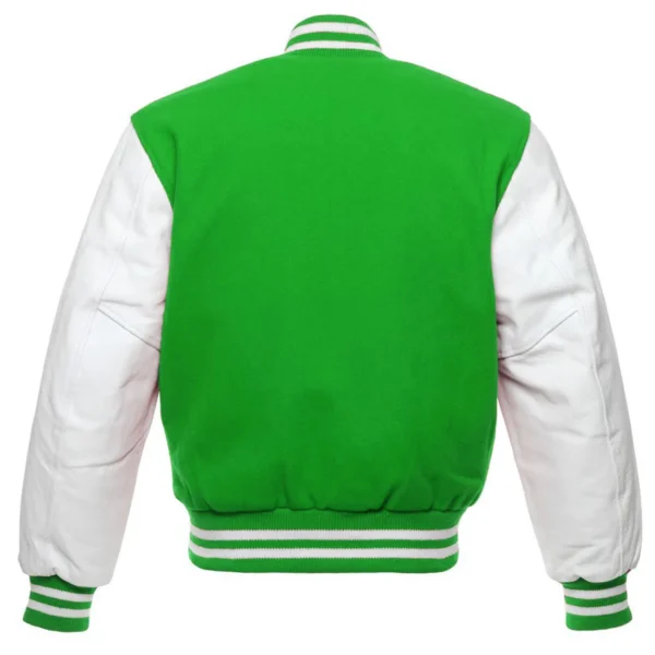 kelly green and white leather sleeve letterman varsity jacket back