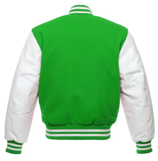 kelly green and white leather sleeve letterman varsity jacket back