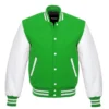 kelly green and white leather sleeve letterman varsity jacket